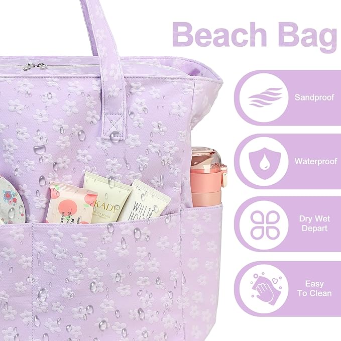 Waterproof Beach Tote Pool Bags for Women Ladies Extra Large Gym Tote Carry On Bag With Wet Compartment for Weekender Travel