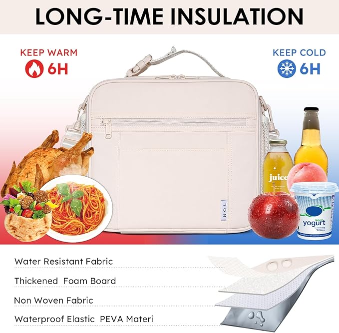 NOL Kids Lunch Bag - Kids 3+ Reusable Insulated Lunch Box with Zipper Closure Buckle Handle Adjustable Long Shoulder Strap, Easy-Clean Waterproof Fabric, Children Lunch Tote Bag for School -Cream