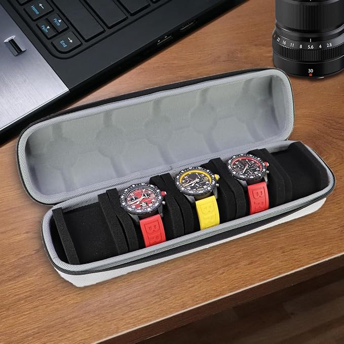 Juntan 5 Slots Hard Watch Travel Case, Portable Nylon Travel Watch Roll Case, Zipper Storage Organizer Box for Men Women with Soft Compressible Foam Pillow Silver