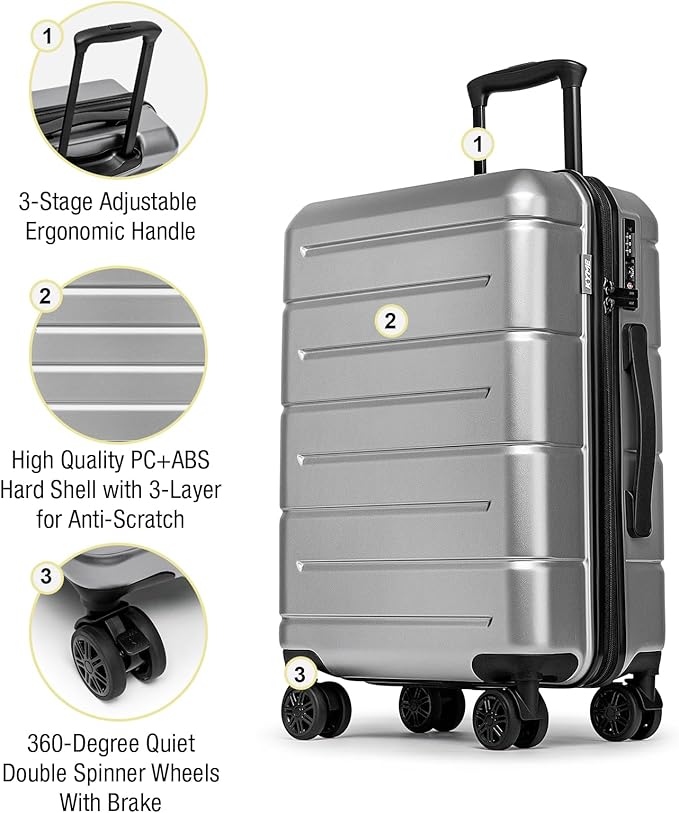 KYME Luggage Sets 2 Piece Hardshell 22"/26" Suitcase with Spinner Wheels Durable Suitcases Sets with TSA Lock Lightweight Travel Luggage Set for Women Men Silver Grey