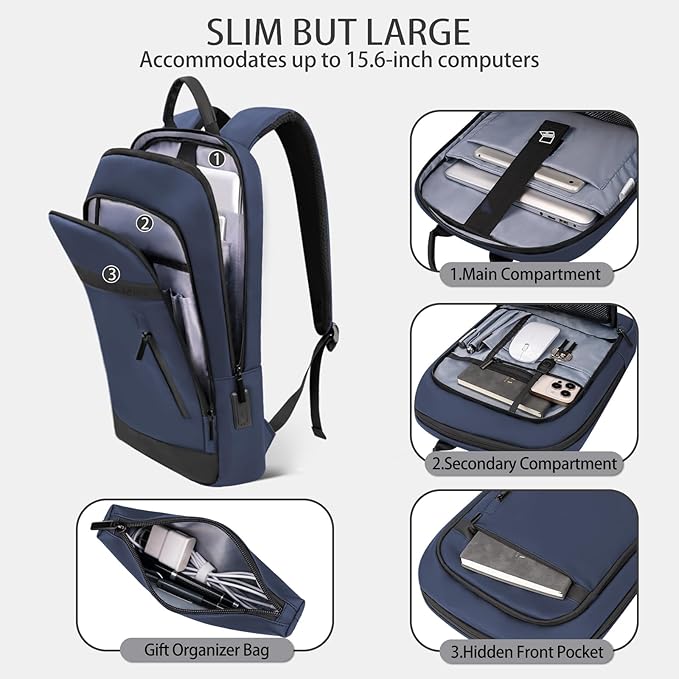 Business Backpack for Men Lightweight Commute Laptop Backpack Anti-Theft Water Resistant Backpack for 15.6 Inch Computer for Daily Office Work with Small Bag (Blue)