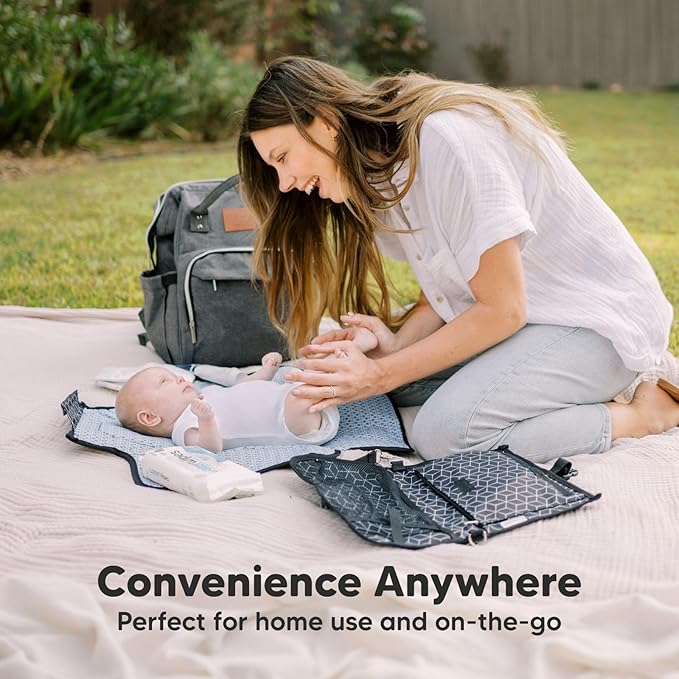 KeaBabies Portable Diaper Changing Pad - Large Waterproof Baby Changing Mat, Compact Travel Diaper Clutch, Functional Pockets Fit Newborn Essentials, Wipeable & Padded Baby Changer (Black Geo)