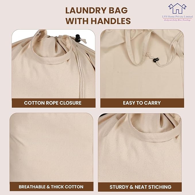 LFH Home Large Premium 100% Cotton Canvas Laundry Bag with Drawstring and Handles Heavy Duty, Multi-Use, and Washable for Home, Travel, College or Storage 28x40 (Pack of 4)-Natural