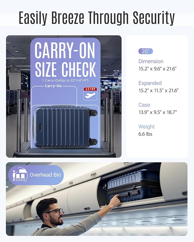 LIGHT FLIGHT Carry On Luggage 22x14x9 Airline Approved, Carry On Suitcases with Wheels, Expandable Hardside Lightweight Rolling Travel Luggage with TSA Lock 20 Inch Carryon, Dark Blue