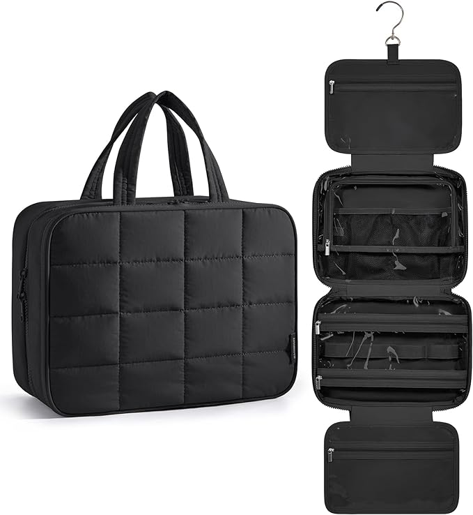 BAGSMART Travel Toiletry Bag with Jewelry Organizer, Hanging Travel Bag for Toiletries, Puffy Makeup Cosmetic Bag Organizer, Carry-on Travel Accessories Essentials, Black-L