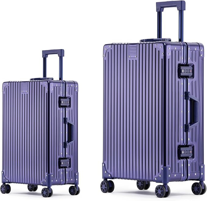 Metal All Aluminum Carry-on Luggage TSA Customs Lock Zipperless Silent Rotary Wheel Business Suitcase Aluminum Frame Set (blue, 2Piece(20/26))