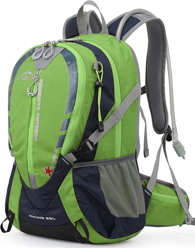 INOXTO Small Hiking Backpack with 2L Water Bladder and Rain Cover, 25L Hydration Backpack Hiking Daypack (Green)