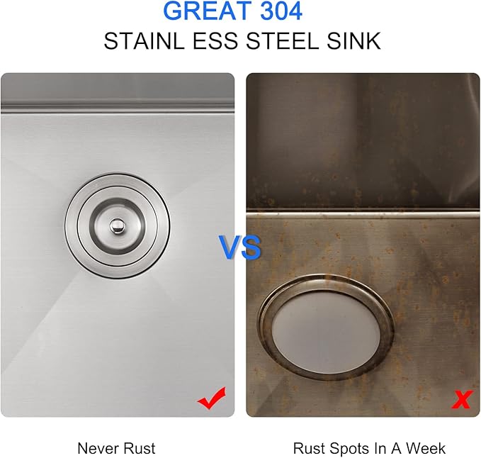 24 inch Undermount Kitchen Sink, 24 x 18 inch Single Bowl Stainless Steel Handmade Undermount Kitchen Sink with Sink Strainer, Brushed
