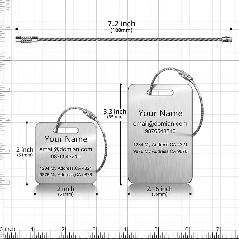 Stainless Steel Personalized Luggage Tags for Suitcases - Custom Name ID Travel Tags for Luggage, Backpacks, Baggage and Bags - Metal Unique Lable - Travel Essentials Accessories for Kids, Women, Men