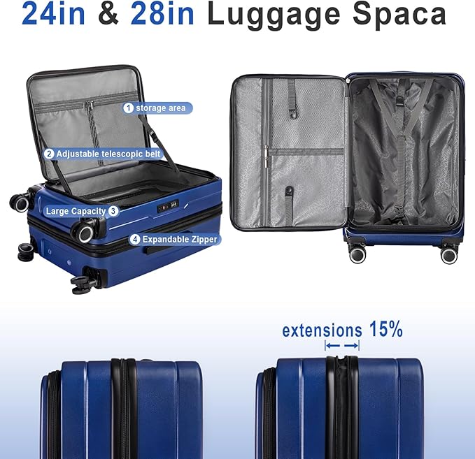 Luggage Sets 3 Piece, ABS Lightweight 20in/24in/28in Luggage, Expandable Carry On Suitcase Set with TSA Lock & Double Wheels, Front Open Hardshell Luggage Sets (Blue)