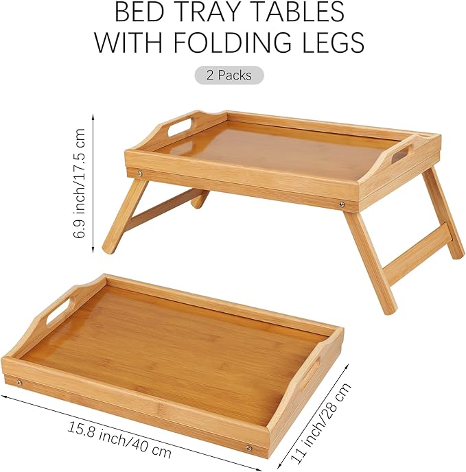 Ruisita 2 Pack Bamboo Bed Tray Table with Folding Legs Breakfast in Bed Tray Snack Food Tray Serving Platters Tray with Handles for Adults Kids Eating Kitchen Bedroom (15.8 x 11 x 6.9 Inch, Natural)
