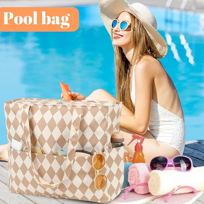 LEDAOU Large Beach Tote Bag Women Waterproof Sandproof Zipper Beach Tote Bag for Pool Gym Grocery Travel with Wet Pocket