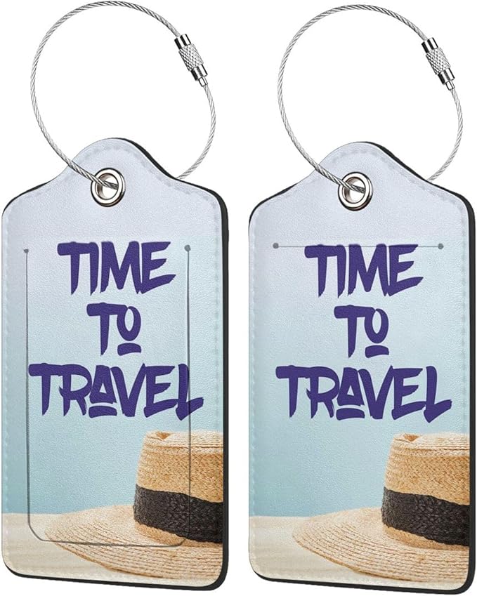 2 Pcs Time to Travel Luggage Tag for Suitcase, Steel Loop with Privacy Cover ID Label, Summer Beach Vacation Holiday Birthday Gift Men Women