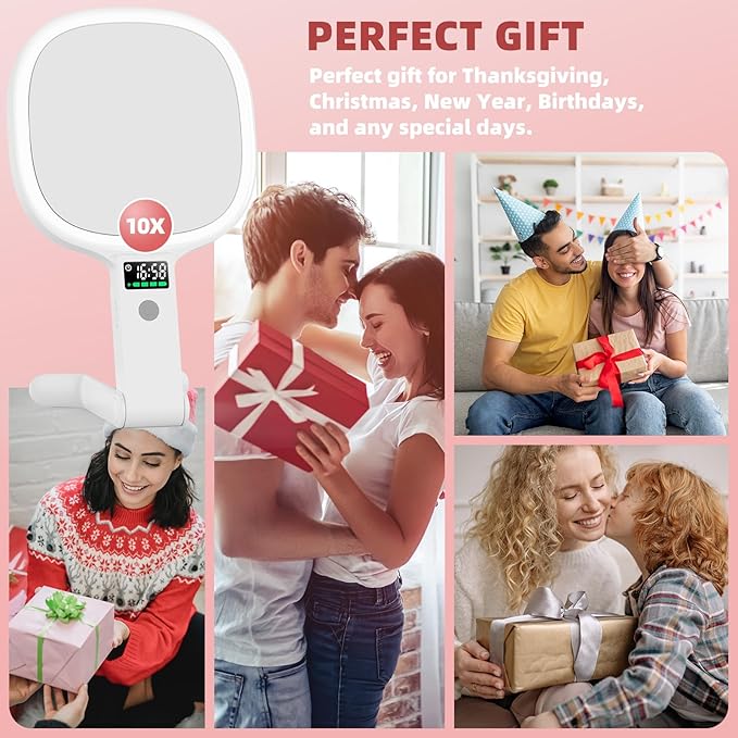 Alovely Travel Makeup Mirror with Light, Double Sided 10X Magnifying Mirror with Light, Rechargeable Portable Lighted Beauty Mirror, 3 Color Lighting Dimmable Touch Screen,Tabletop Handhold Hanging