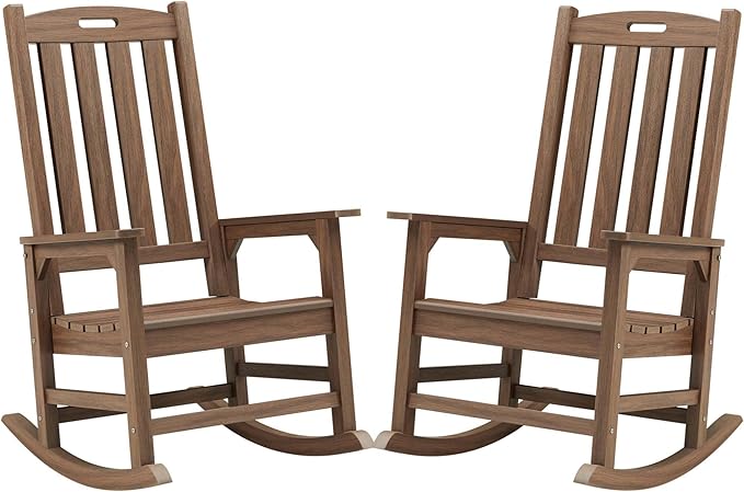 Psilvam Outdoor Rocking Chair Set of 2, Poly Lumber Oversized Rocking Chair with 21" Wide Seat and 32" Tall Backrest, Pre-Assembled with Most Components for Effortless Installation(Bright Brown)