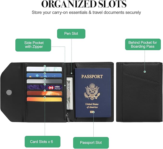 Leather Passport Holder for Travel,Passport Book Holder，Rfid Blocking Travel Wallet Protect Your Card Security, Travel Document Organizer for Men Women,Airport Essentials Gift (Black)