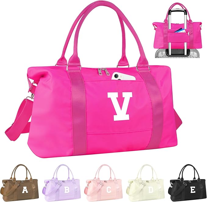 Overnight Bag for Kids Teen Girls Weekender Dance Bag Birthday Graduation Gifts,Initial Travel Duffel Bag Sports Gym Bag Personalized Weekender Bag Carry On Bags Preppy Gifts for Women(Hot Pink, V)