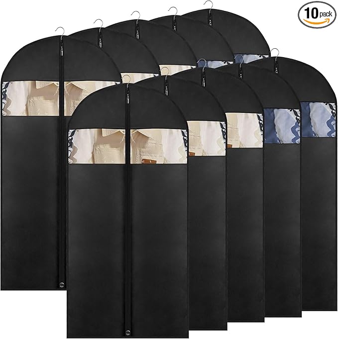 50" Black Garment Bag, Mens Suit Bags for Closet Storage and Travel, Garment Bags for Hanging Clothes, Suit Cover Bags with Zipper for Coats, Dresses, Shirts, 10 Packs