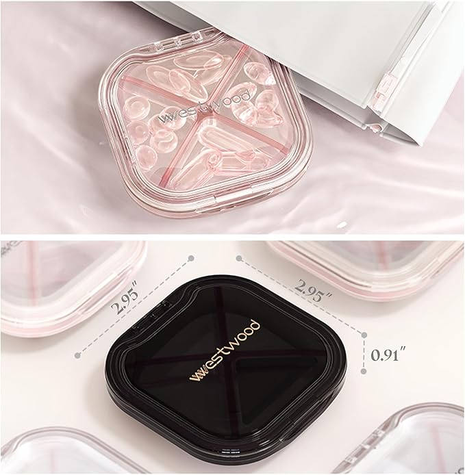 1 Pack Small Pink Pill Organizer, 4 Compartments, Compact Stylish Cute Travel Camping Pill Box Daily Medicine Pill Case, Portable and Moistureproof to Store Vitamins, Medication and Supplements