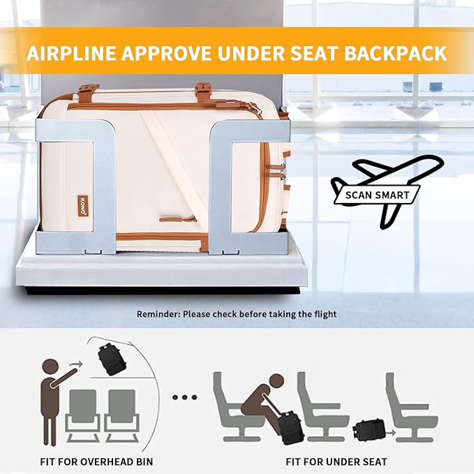 Kono Carry on Backpack, 16" Airplane Approved Under Seat Travel Backpack for Men and Women, Waterproof Lightweight Daypack for Flight 20L, White/Brown