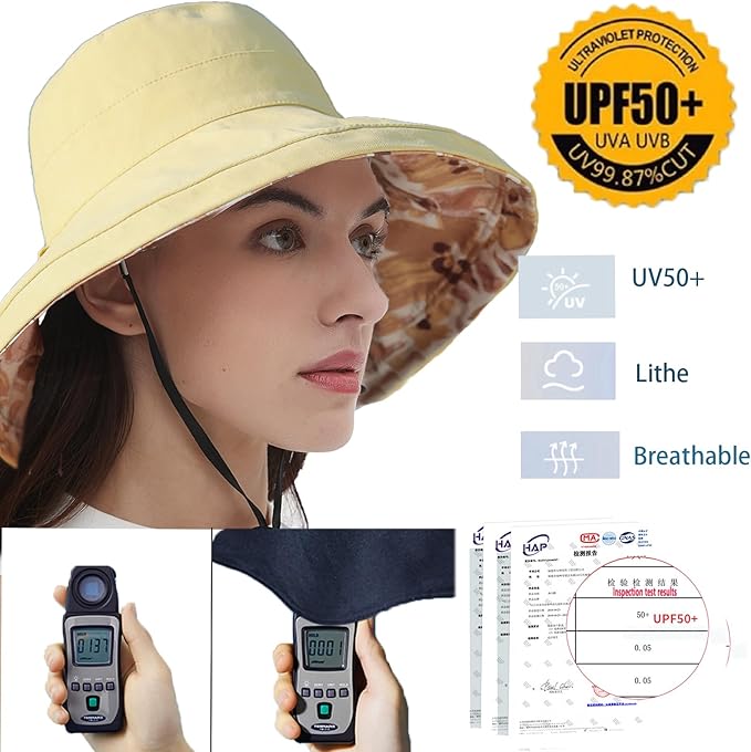 vidsel Womens Sun Hats Wide Brim Reversible Bucket Cotton Hat Packable Summer Travel Cap with Hat Clip,UV Protection