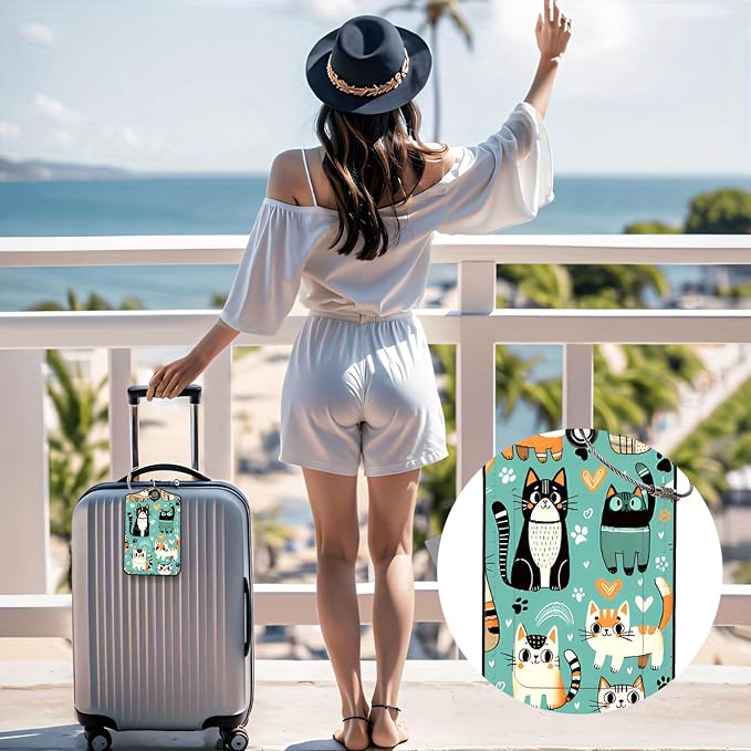 Luggage Tags for Suitcases, 2-Pack PU Leather for Cruise & Travel, Baggage ID Tags with Privacy Cover & Address Card, Durable Metal Ring, Kids Adults Travel Accessories, Cute Cat Print