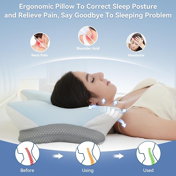 Ergonomic Cervical Pillow for Neck Support, Memory Foam Orthopedic Contour Side Sleeper Pillows with Dual Heights, Soft Bed Pillow with Breathable Pillowcase for Back, Stomach Sleepers(Blue)