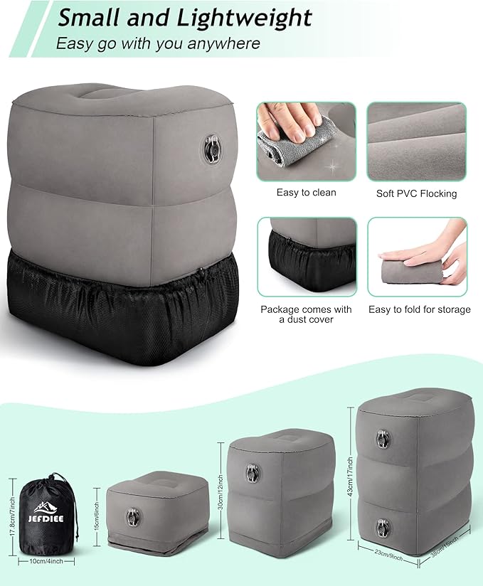 JefDiee Inflatable Travel Foot Rest Pillow,Kids Airplane Bed,Adjustable 3 Layers Height Leg Rest Pillow,Adults Travel Essentials Great for Airplane,Office,Home,Trains,Cars