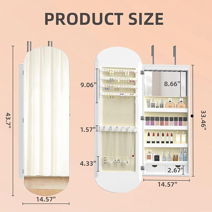 RQZ 8 LEDs Mirror Jewelry Cabinet, Rounded Wide Jewelry Armoire Organizer, Wall or Door Mounted Lockable Jewelry Storage with Interior Mirror, 2 Drawers (43.7" H)