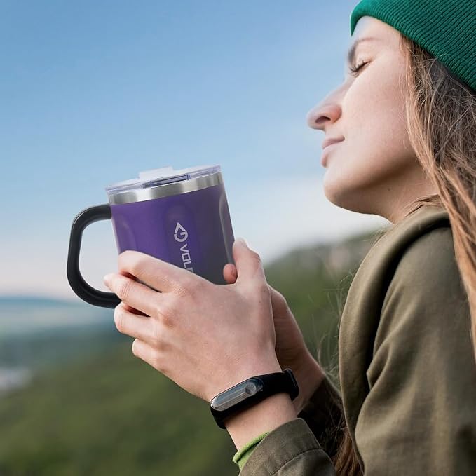 16oz Stainless Steel Togo Coffee Travel Mug, Spill Proof Tea Mug with Handle and Lid, Lightweight and Durable, Great for Office Home and Outdoor Use (Purple)