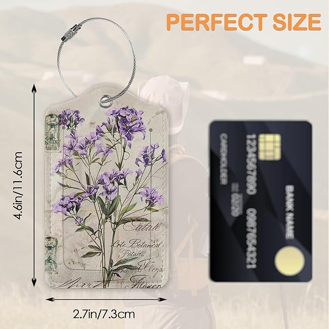 Vintage Purple Lavender 3 PCS Luggage Tags, Leather Suitcase Tags with Privacy Cover Name Address Labels and Durable Steel Loop for Men/Women Travel Bag Suitcases