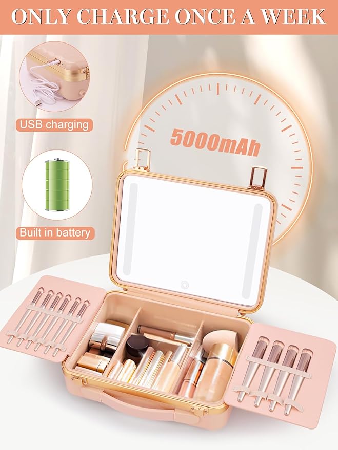 Kalolary Travel Makeup Train Cases with Lighted Mirror 3 Color Setting, Makeup Bag Cosmetic Case Organizer Adjustable Brightness Portable Makeup Storage Box For Makeup Brushes Accessories Tools,Pink