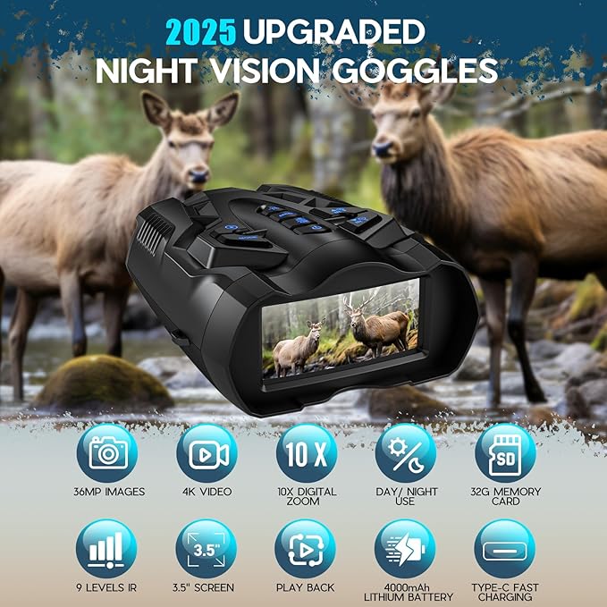 4K Night Vision Goggles for Adults,10X Zoom Night Vision Binoculars with 1000FT Infrared Range,4000mAh Rechargeable Battery,3.5" Screen,Include 32GB Card,Gift for Mens and Outdoor Enthusiasts