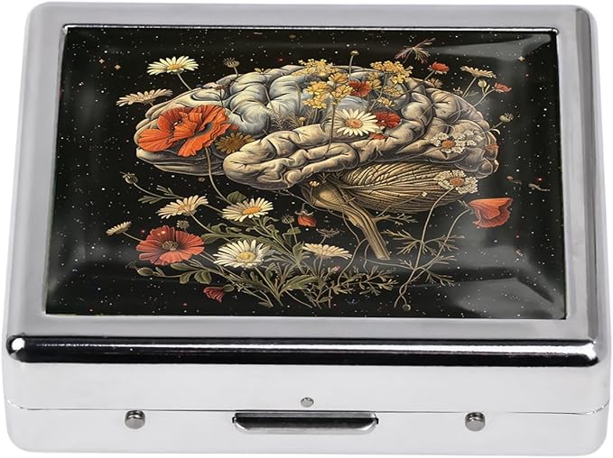 Cute and Stylish Metal Pill Box - Compact Portable Pill Organizer with 8 Compartments, Food-Grade Divider, Ideal for Travel, Vitamins, Jewelry, Cosmetics (Floral Cerebrum)