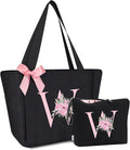 Vavabox Tote Bag, A-Z Initial Monogrammed Waterproof Tote Bag, Bridesmaid Gifts for Women, Black and Pink