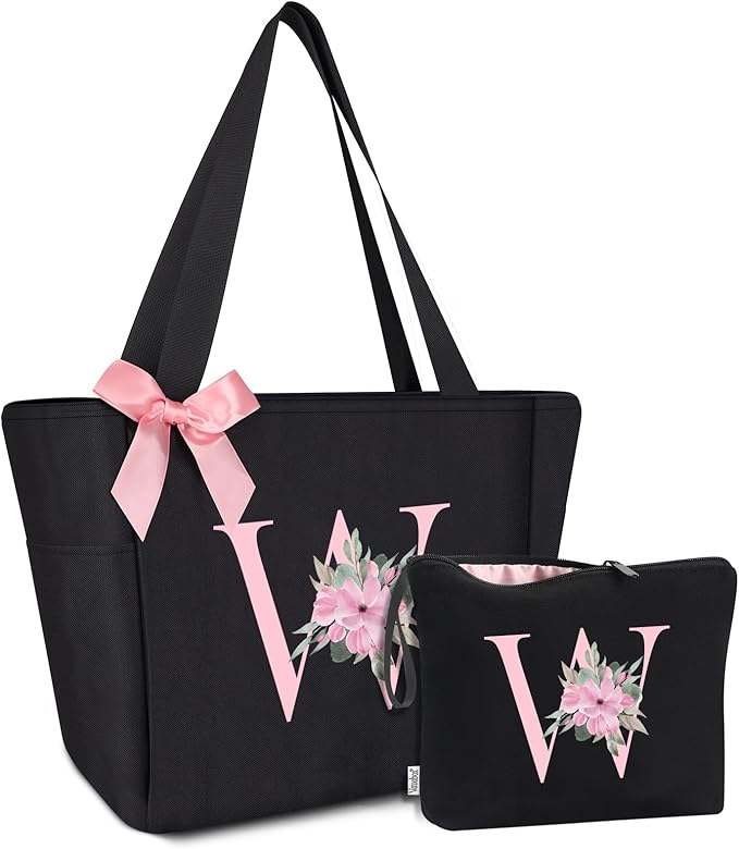 Vavabox Tote Bag, A-Z Initial Monogrammed Waterproof Tote Bag, Bridesmaid Gifts for Women, Black and Pink