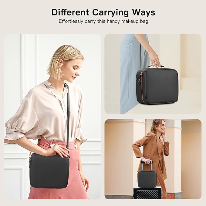 Travel Makeup Bag with LED Mirror, Cosmetic Bags for Women with Light up Mirror, Travel Essentials Makeup Organizer, Makeup Case with Adjustable Dividers and Brush Holder, 3 Color Lights