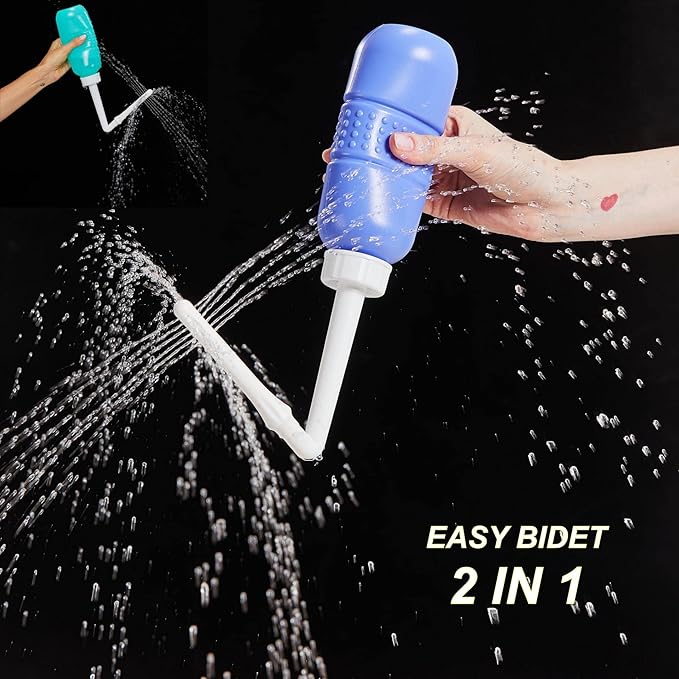 2PCS-Pack 2in1 Vaginal Douche Perineal Irrigation 650ML Portable Bidet + Pocket Bidet Pipe, Travel Bidet with Waterproof Cap, Peri Bottle for Postpartum Essentials