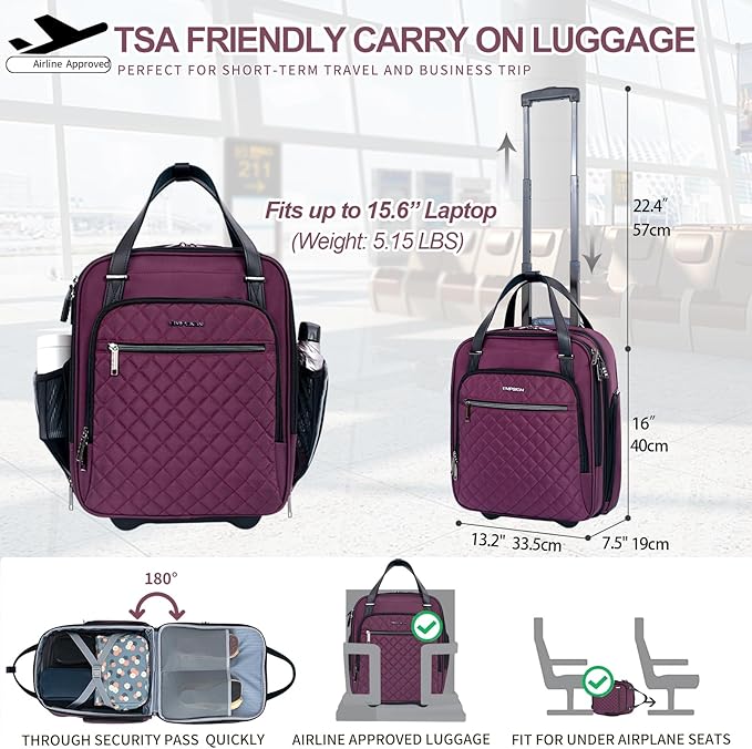 EMPSIGN Underseat Carry On Wheeled - 16" Carry on Bag with Wheels Multi-functional Lightweight Rolling Bag Overnight Weekender Small Suitcase for Women Men Travel Business, Burgundy