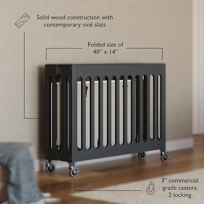 Foundations Boutique Folding Mini Baby Crib - Compact, Portable, Wooden Hotel Crib, Foldable Mini Crib for Baby & Toddlers - Includes 3" Foam Mattress, Ebony