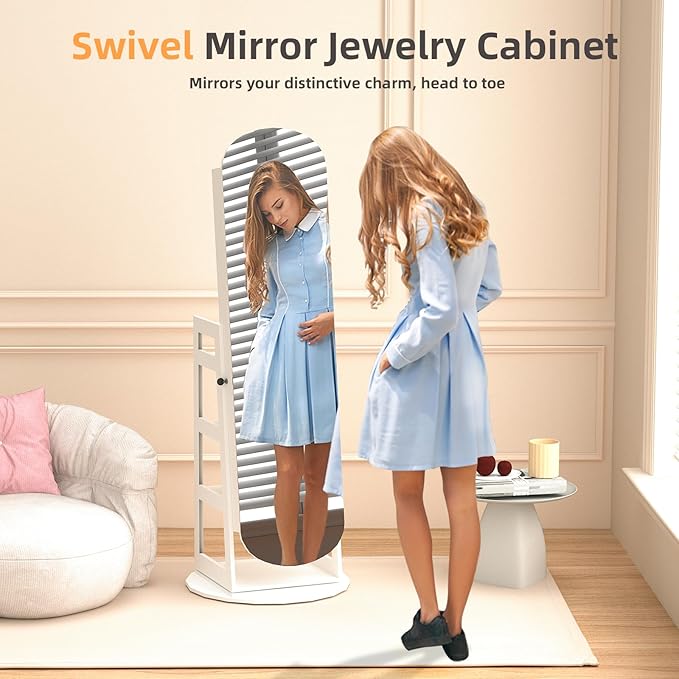 RQZ 8 LEDs Jewelry Cabinet Armoire Standing, 360° Swivel Jewelry Organizer, Lockable Jewelry Storage with Rounded Wide Full-Length Mirror, 4 Storage Shelves, Interior Mirror (61.4" H)