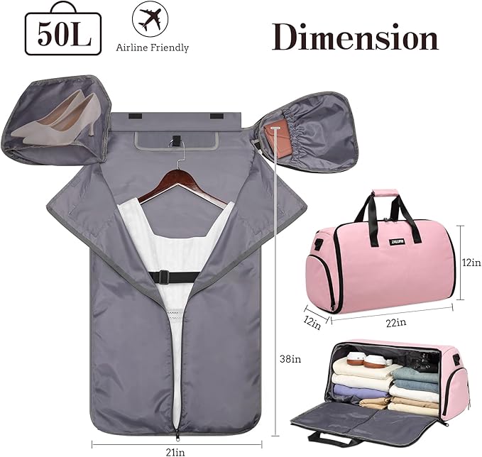 Garment Duffle Bags for Travel, Carry On Garment Duffel Weekender Bag 45L | 2-days Trip,Wrinkle-Free Travel,Separate Shoe Pocket | Overnight Garment Bag for Vacation, Business Trips, Weekend