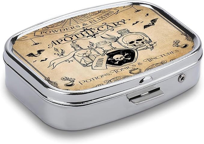 Metal 2 Compartment Pill Organizer Travel Friendly Portable Compact Pill Box Cute Pill Case to Hold Vitamins,Fish Oil,Supplements,Meds,Tablet for Purse,Pocket. (Bottles and Skeletons)