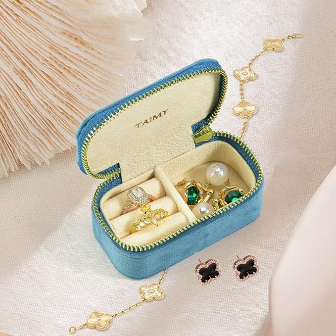 Small Travel Jewelry Case, Mini Tiny Plush Velvet Jewelry Box for Women and Girls, Pocket Size Jewelry holder organizer for Rings Earrings and Small Items(Coral Blue)