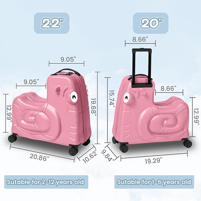 Kids Ride-on Luggage with Spinner Wheels Suitcase, Kid's Ride-On Suitcase Help Your Child Relax, Carry On Trolley Luggage with Password Lock (Pink, 22 inches)