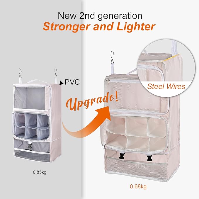 TABITORA Travel Portable Hanging Shelves Closet Organizer Packing Luggage Storage with Multifunctional and Foldable Invisible Compartment,Lightweight, for Suitcase, RV,Closet…Pink,XXL