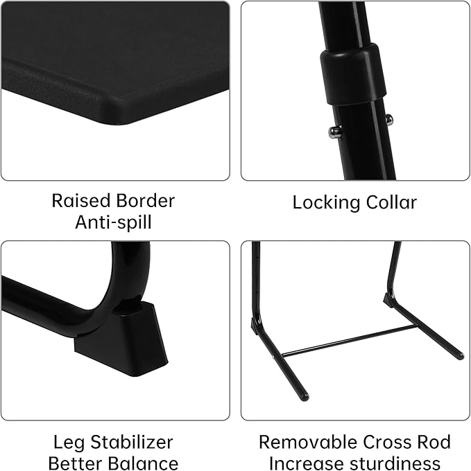 Allpop TV Tray Table, TV Dinner Tray for Eating Set of 2, Adjustable Folding Laptop Table with 6 Heights & 3 Tilt Angles, Cup Holder on Couch & Bed, Black