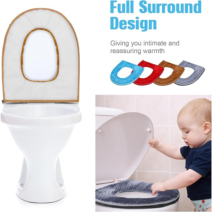Riakrum 4 Pcs Toilet Seat Covers Pads for Bathroom Comfortable Toilet Seat Cushion Cover Soft Thicker Warmer Washable Pad with Zipper Home Reusable(Elegant,Blue, Gray, Brown, Red)