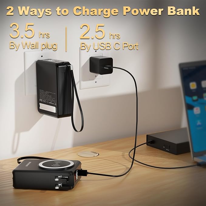 10000mAh Portable Charger Power Bank for magsafe, 22.5W Fast Charging Wall Plug Power Bank for iPhone Andriod Sumsung 5 in 1 Travel Wireless Charger Built in USB C Lightning Cables-B