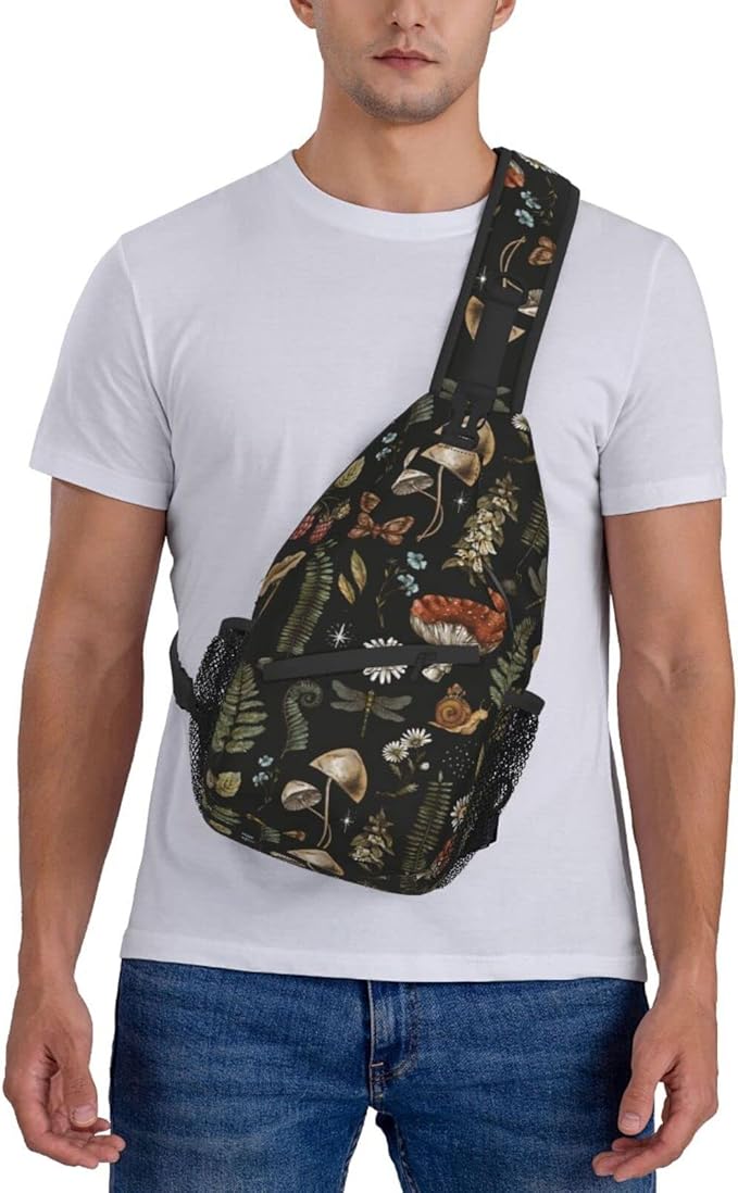 SUPLUCHOM Sling Bag Vintage Mushroom Leaf Forest Hiking Daypack Crossbody Shoulder Backpack Travel Chest Pack for Men Women Over 12 Years Old